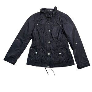 White House Black Market Black Zip Up Roll Tab Sleeve Womens Size Medium Jacket